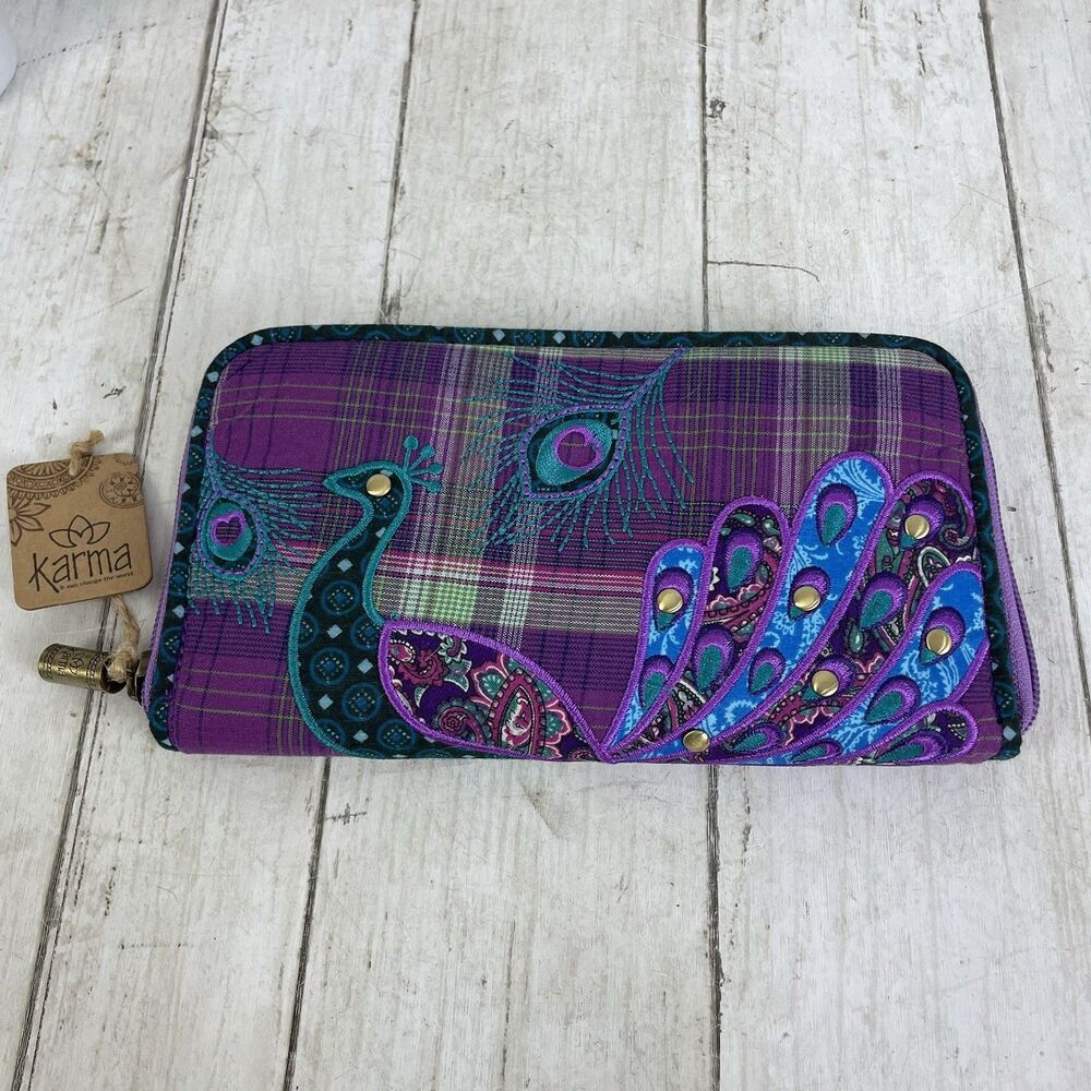 Peacock Studded Zip Around Wallet Purple & Teal - Karma NWT